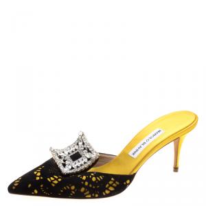 Manolo Blahnik Yellow Satin and Laser Cut Suede Borli Crystal Embellished Mules Size 39
