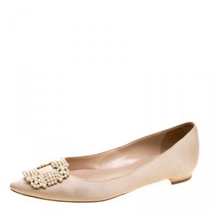 Pre Owned Manolo Blahnik Beige Satin Hangisi Ballet Flats Size 37.5