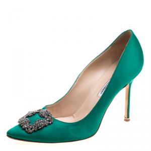 Pre Owned Manolo Blahnik Green Satin Hangisi Embellished Pumps Size 41