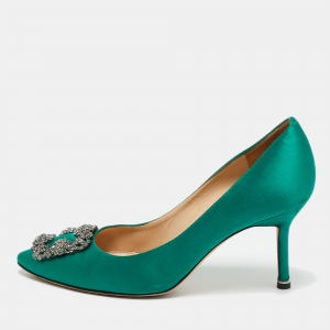 Pre Owned Manolo Blahnik Green Satin Hangisi Pumps Size 38
