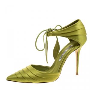 Pre Owned Manolo Blahnik Green Pleated Satin Reya Pumps Size 37.5