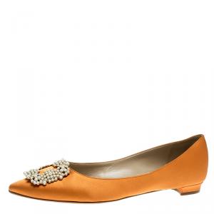 Pre Owned Manolo Blahnik Bronze Satin Hangisi Ballet Flats Size 39.5