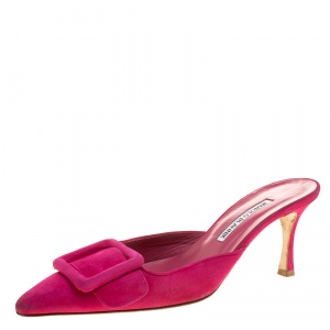 Manolo Blahnik Fuchsia Pink Suede Maysale Pointed Toe Mules Size 39.5