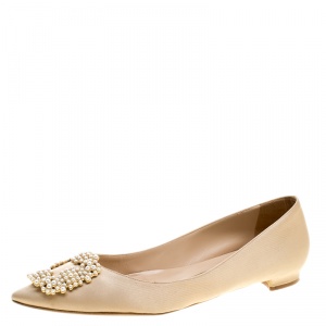 Pre Owned Manolo Blahnik Beige Satin Hangisi Ballet Flats Size 38.5