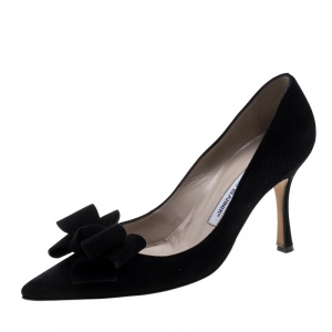 Pre Owned Manolo Blahnik Black Suede Lisa Bow Detail Pointed Toe Pumps Size 38.5