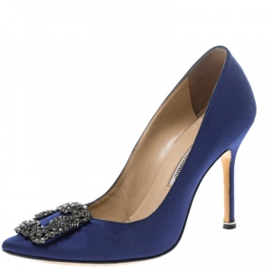 Pre Owned Manolo Blahnik Blue Embellished Satin Hangisi Pumps Size 37