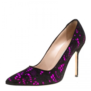 Pre Owned Manolo Blahnik Hot Pink Satin With Laser Cut Suede Bborli Pointed Toe Pumps Size 36