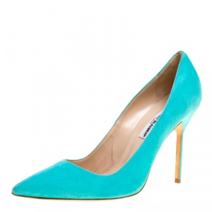 Pre Owned Manolo Blahnik Aqua Green Suede BB Pointed Toe Pumps Size 40.5