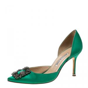 Pre Owned Manolo Blahnik Green Satin Hang Isido D'orsay Pumps Size 38 