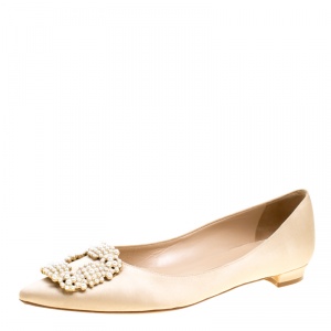 Pre Owned Manolo Blahnik Beige Satin Hangisi Ballet Flats Size 38