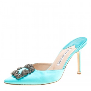 Manolo Blahnik Cyan Blue Satin Hangisi Pointed Toe Mules Size 38