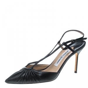 Manolo Blahnik Black Leather Pleat Detail Cross Strap Sandals Size 39