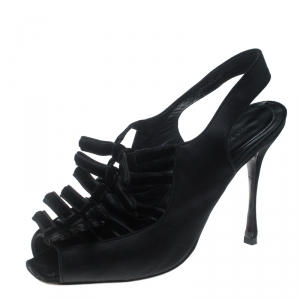 Manolo Blahnik Black Satin and Velvet Slingback Square Peep Toe Sandals Size 40