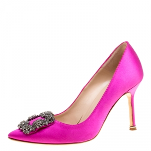 Pre Owned Manolo Blahnik Hot Pink Satin Hangisi Crystal Embellished Pumps Size 36