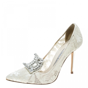 Pre Owned Manolo Blahnik Off White Lace and Satin Borlak Crystal Embellished Pumps Size 36.5