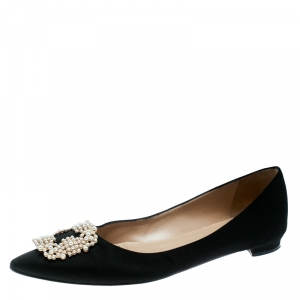 Pre Owned Manolo Blahnik Black Satin Hangisi Ballet Flats Size 40.5