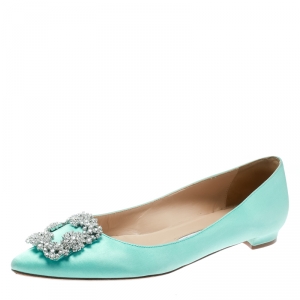 Pre Owned Manolo Blahnik Turquoise Satin Hangisi Ballet Flats Size 38