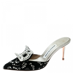 Manolo Blahnik Grey Satin and Black Laser Cut Suede Borli Crystal Embellished Mules Size 36
