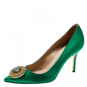 Pre Owned Manolo Blahnik Green Satin Giuba Brooch Embellished Pumps Size 36