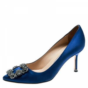 Pre Owned Manolo Blahnik Blue Satin Hangisi Crystal Embellished Pumps Size 36