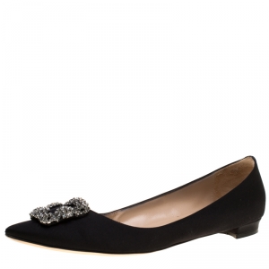 Pre Owned Manolo Blahnik Black Satin Hangisi Ballet Flats Size 41