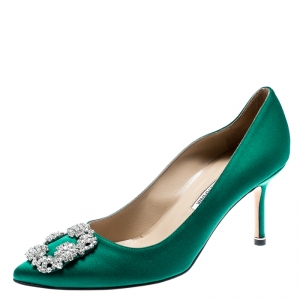Pre Owned Manolo Blahnik Green Satin Hangisi Embellished Pumps Size 38