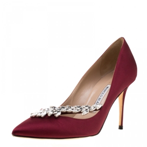 Pre Owned Manolo Blahnik Maroon Satin Embellished Nadira Pumps Size 38.5
