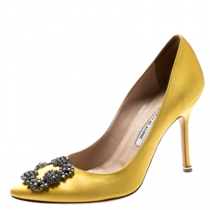 Pre Owned Manolo Blahnik Yellow Satin Hangisi Crystal Embellished Pumps Size 37.5