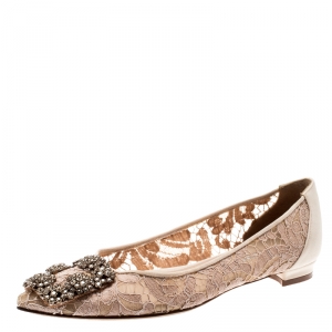 Pre Owned Manolo Blahnik Beige Lace And Satin Hangisi Embellished Ballet Flats Size 34.5