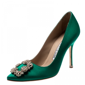 Pre Owned Manolo Blahnik Green Satin Hangisi Crystal Embellished Pumps Size 36