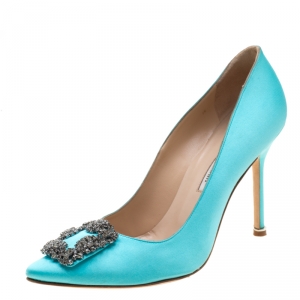 Pre Owned Manolo Blahnik Blue Satin Hangisi Crystal Embellished Pumps Size 39