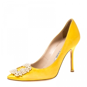 Pre Owned Manolo Blahnik Yellow Satin Hangisi Pearl Embellished Pumps Size 37.5