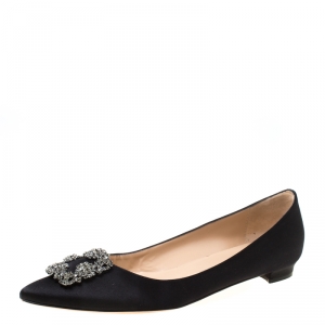 Pre Owned Manolo Blahnik Black Satin Hangisi Ballet Flats Size 41.5