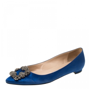 Pre Owned Manolo Blahnik Blue Satin Hangisi Ballet Flats Size 37.5