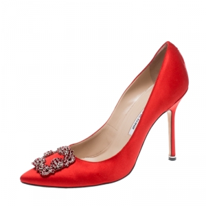 Pre Owned Manolo Blahnik Red Satin Hangisi Crystal Embellished Pumps Size 40
