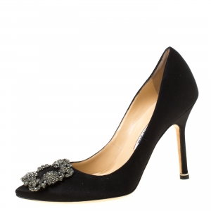 Pre Owned Manolo Blahnik Black Satin Hangisi Crystal Embellished Pumps Size 35.5 