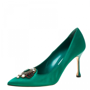 Pre Owned Manolo Blahnik Green Satin Eufrasia Pointed Toe Pumps Size 39.5