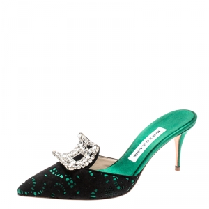 Manolo Blahnik Green/Black Crystal Embellished Satin and Lace Borli Mules Size 39