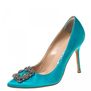 Pre Owned  Manolo Blahnik Turquoise Satin Hangisi Jewel Pumps Size 38.5