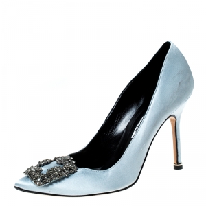 Pre Owned Manolo Blahnik Grey Satin Hangisi Crystal Embellished Pumps Size 37.5