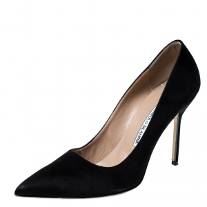 Pre Owned Manolo Blahnik Black Satin BB Pointed Toe Pumps Size 39.5