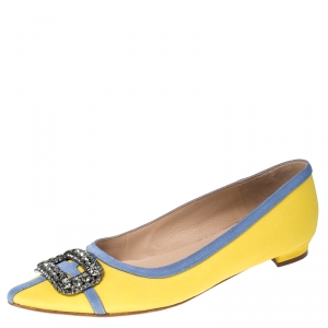 Pre Owned Manolo Blahnik Yellow Satin Gotrian Crystal Embellished Pointed Toe Flats Size 39
