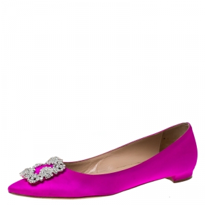 Pre Owned Manolo Blahnik Magenta Satin Hangisi Ballet Flats Size 38.5