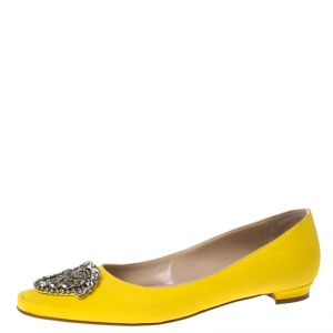 Pre Owned Manolo Blahnik Yellow Satin Crystal Embellished Ballet Flats Size 37.5