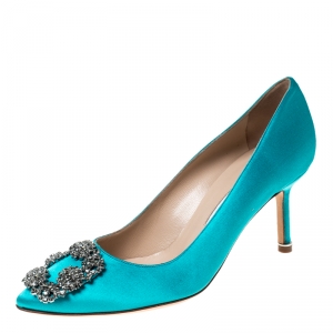 Pre Owned Manolo Blahnik Turquoise Satin Hangisi Crystal Embellished Pointed Toe Pumps Size 37