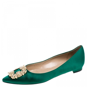 Pre Owned Manolo Blahnik Green Satin Hangisi Ballet Flat Size 39