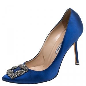 Pre Owned Manolo Blahnik Blue Satin Jewel Buckle Hangisi Pumps Size 40