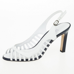 Manolo Blahnik White &amp; Navy Leather Slingback Sandals Size 37