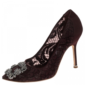 Pre Owned Manolo Blahnik Burgudy Lace And Fabric Hangisi Embellished Pointed Toe Pumps Size 35.5