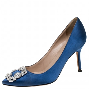 Pre Owned Manolo Blahnik Royal Blue Satin Hangisi Crystal Embellished Pumps Size 36
